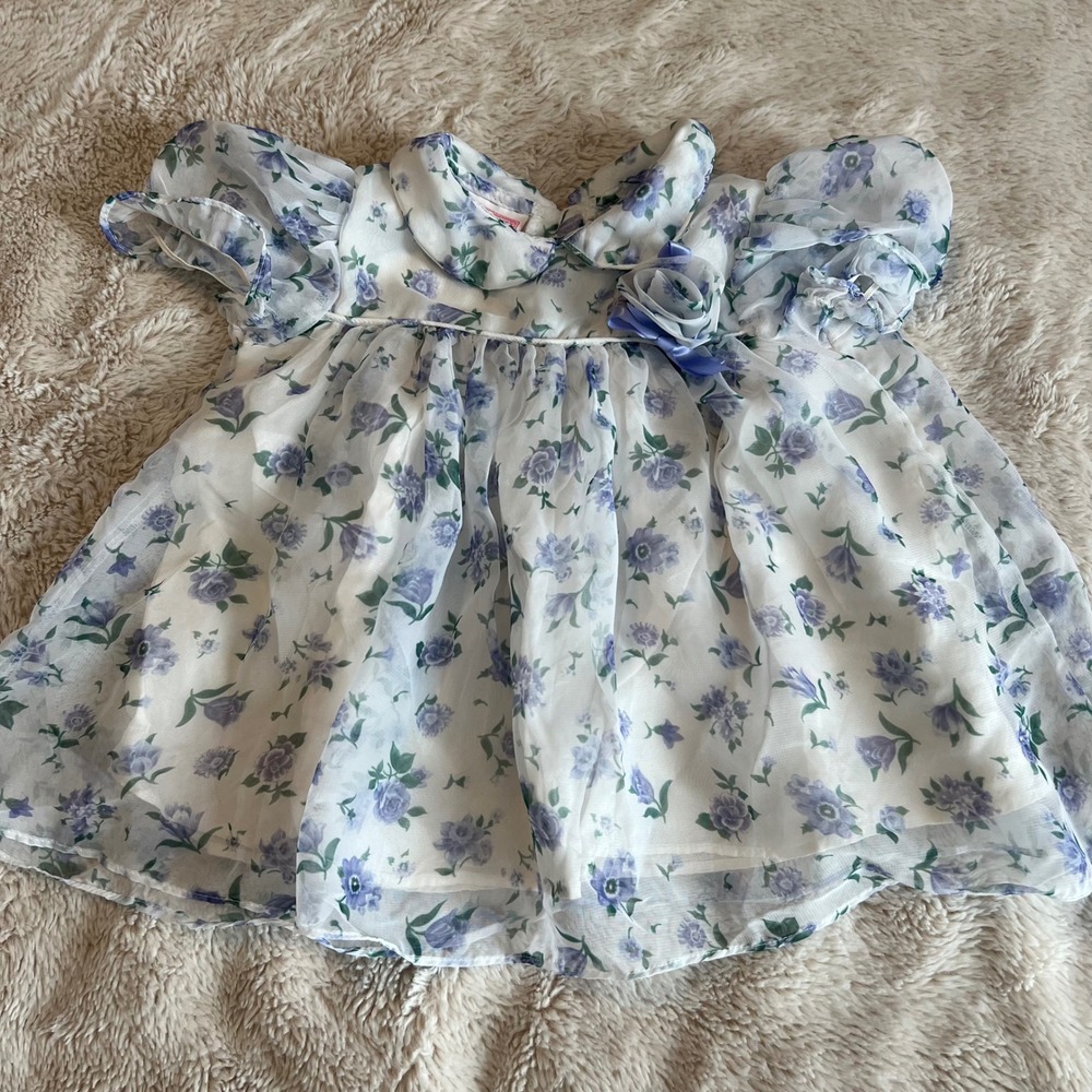 Primrose Pink‎ Vintage 90's Baby Girl Floral Chiffon Dress Puff Sleeve 12M
